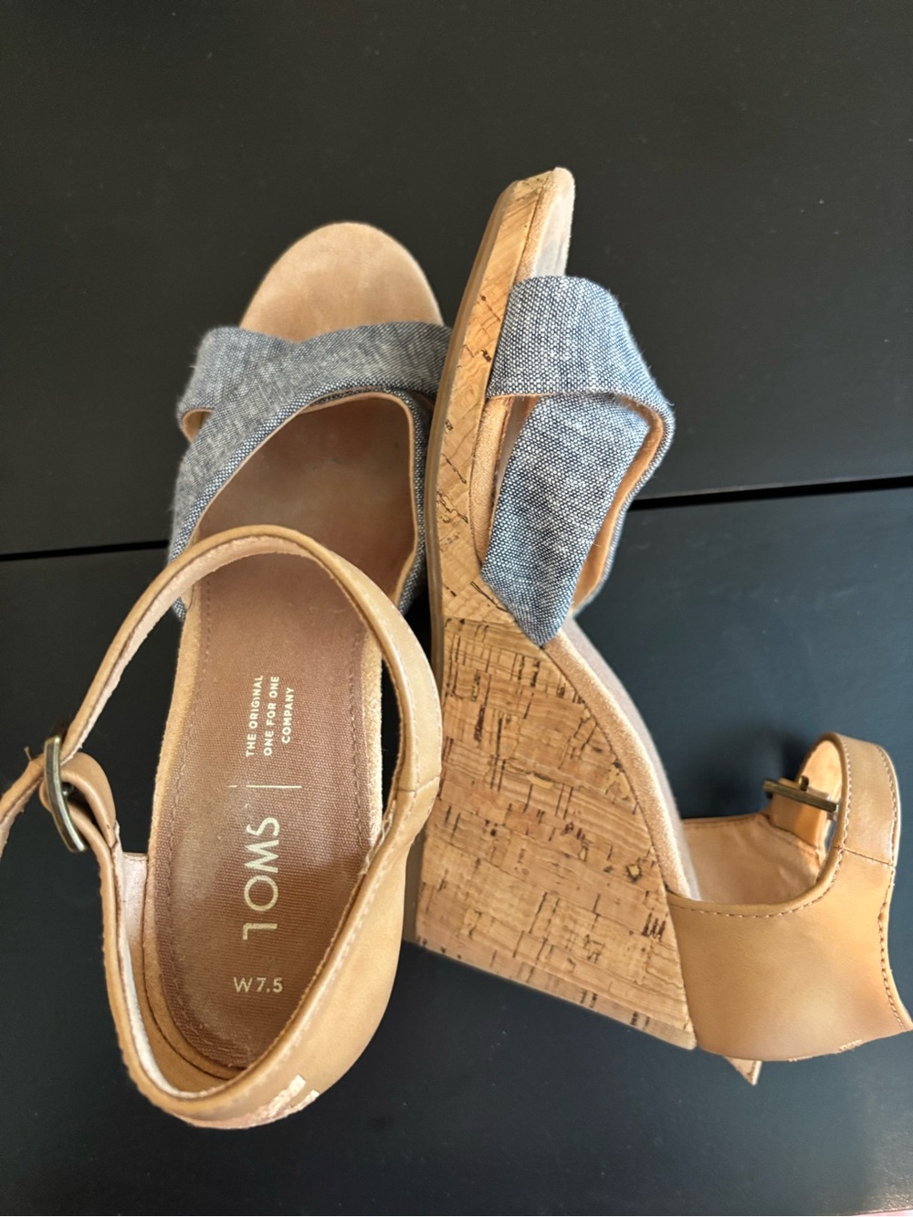TOMS Tan Cork Wedge Sandals with Chambray Blue Straps